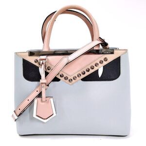 Auth Fendi Petite Monster Studded 2Jours Top Handle Handbag Grigio Perla 2way